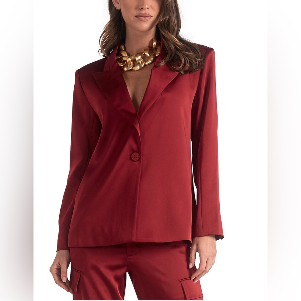 Elan Women’s Satin Wide-Lapel One-Button Blazer burgundy size S